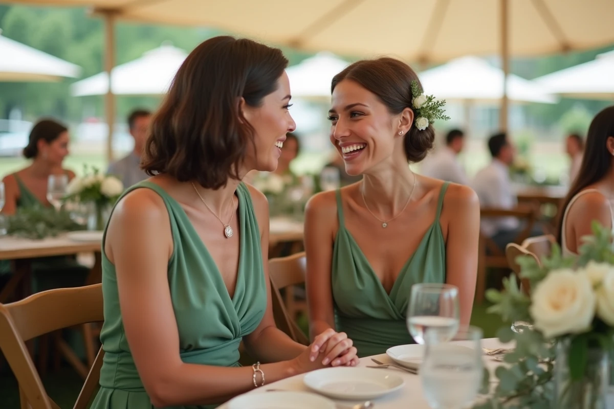 Mère et fille en tenues coordonnées vert sauge lors d'une réception de mariage en plein air