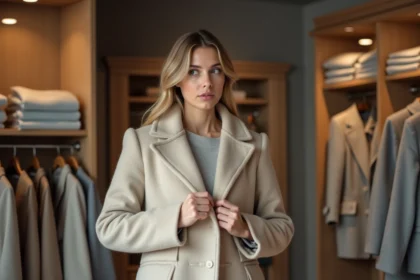 Femme découvrant les poches cousues d'un manteau neuf en boutique