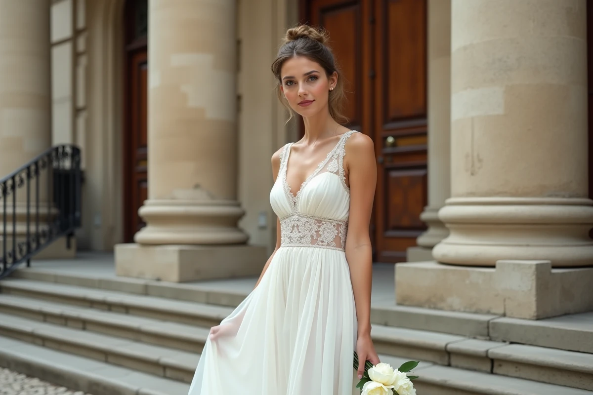Femme élégante en robe blanche longue en mousseline de soie devant un bâtiment haussmannien pour un mariage civil chic