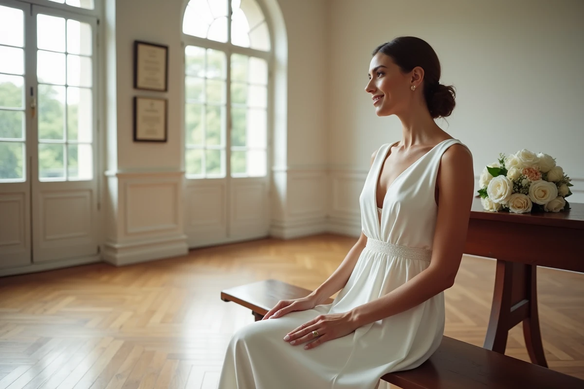 Mariée assise en robe blanche longue en satin à l'intérieur d'une salle de mariage civil élégante avec parquet et hautes fenêtres