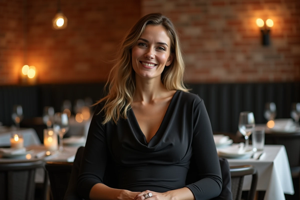 Femme assise en robe moulante noire asymétrique qui valorise sa silhouette dans un restaurant élégant