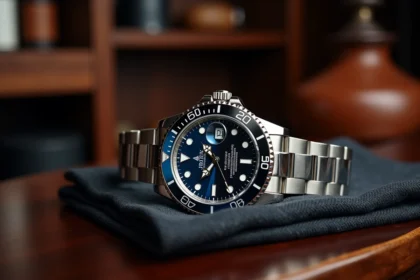 Montre Rolex GMT-Master II cadran noir et bleu posée sur un tissu en laine anthracite, illustrant le modèle Bruce Wayne face au Batman