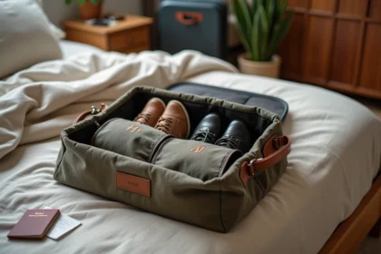 Sac à chaussures de voyage personnalisé ouvert sur un lit avec des chaussures rangées et une valise en arrière-plan