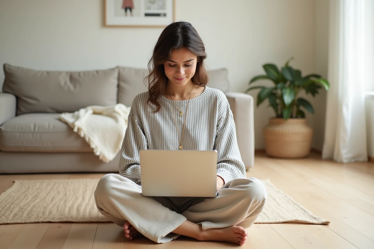 Jeune femme qui fait ses achats de mode en ligne depuis son appartement moderne et minimaliste