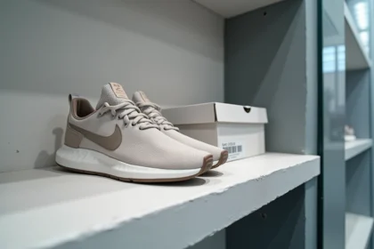 Sneakers Nike édition limitée exposées en boutique avec étiquette code UPC visible sur la boîte