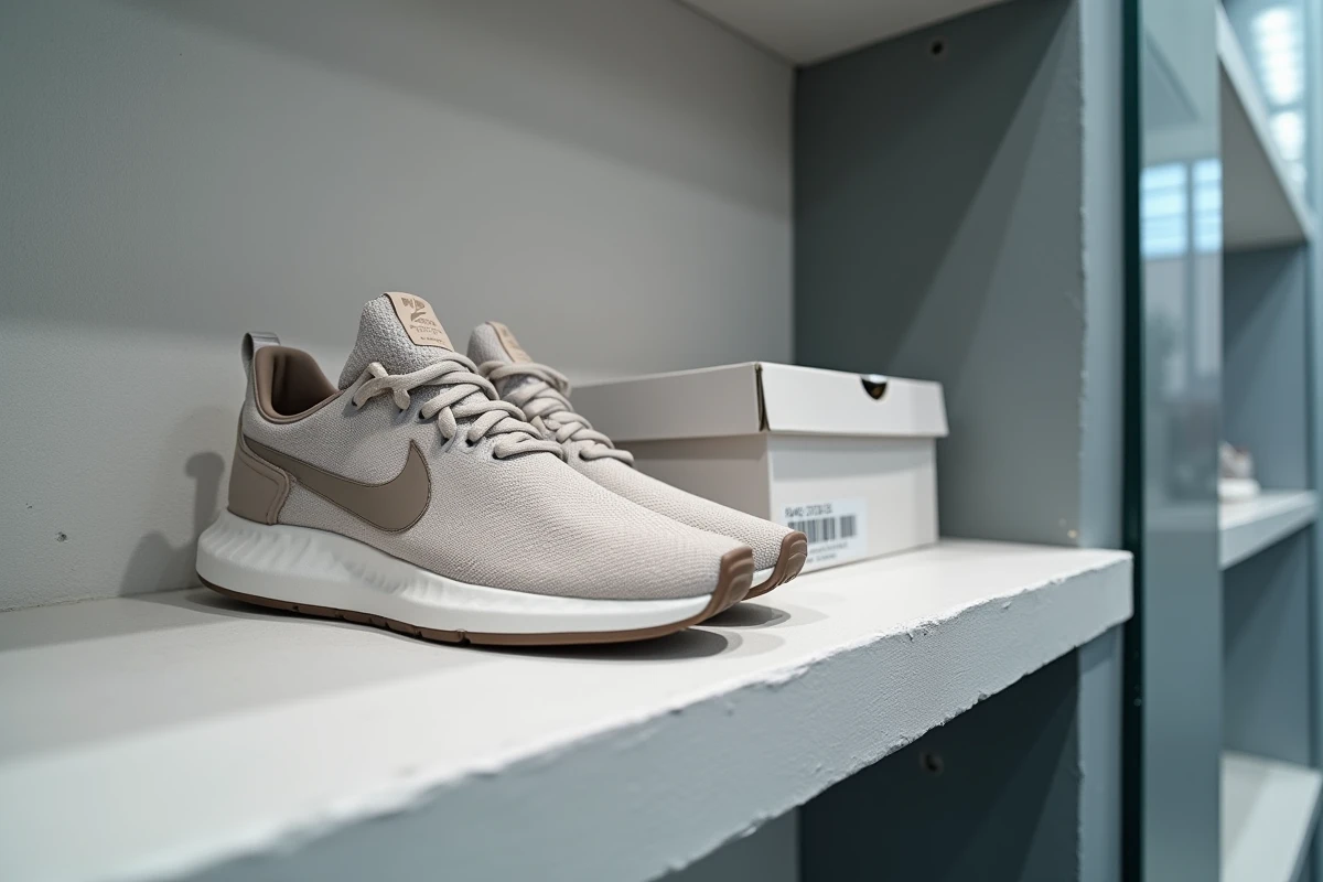 Sneakers Nike édition limitée exposées en boutique avec étiquette code UPC visible sur la boîte