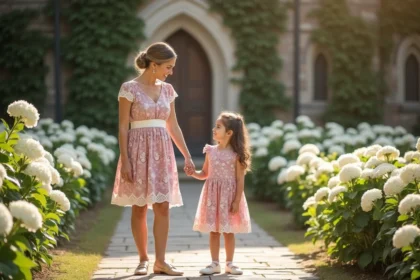 Mère et fille en robes fleuries coordonnées rose poudré lors d'un baptême dans un jardin d'église