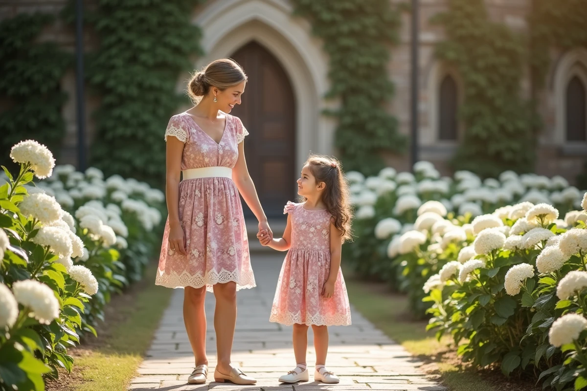 Mère et fille en robes fleuries coordonnées rose poudré lors d'un baptême dans un jardin d'église