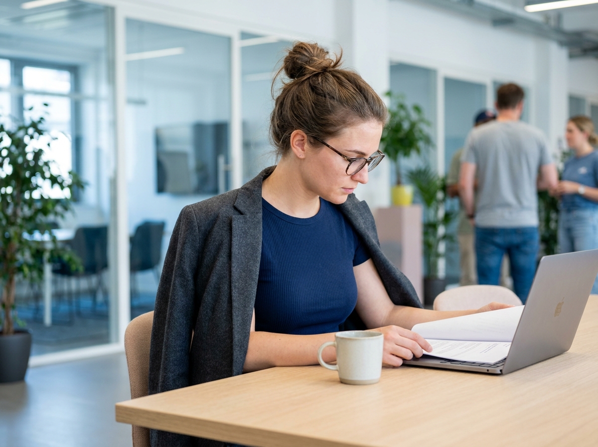 Femme en t-shirt structuré et blazer dans un bureau moderne professionnel