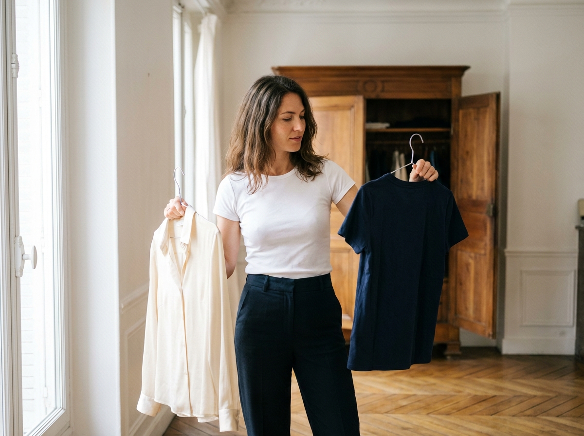 Femme comparant un t-shirt blanc et une blouse chic dans un appartement parisien lumineux
