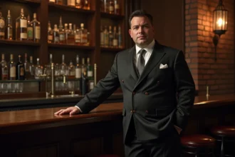Homme grande taille en costume double boutonnage style années 30 dans un bar Art Déco vintage