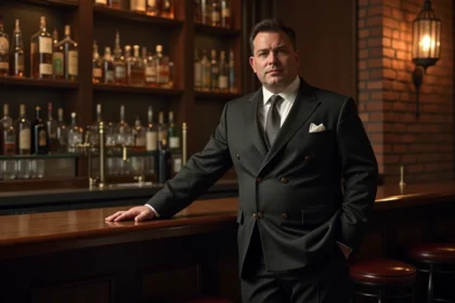 Homme grande taille en costume double boutonnage style années 30 dans un bar Art Déco vintage