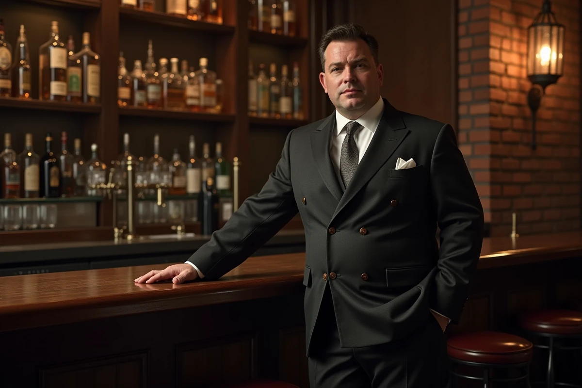 Homme grande taille en costume double boutonnage style années 30 dans un bar Art Déco vintage