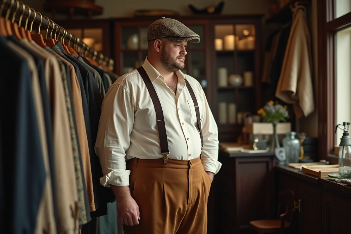 Homme grande taille portant une tenue style années 30 avec bretelles et pantalon taille haute dans une mercerie ancienne