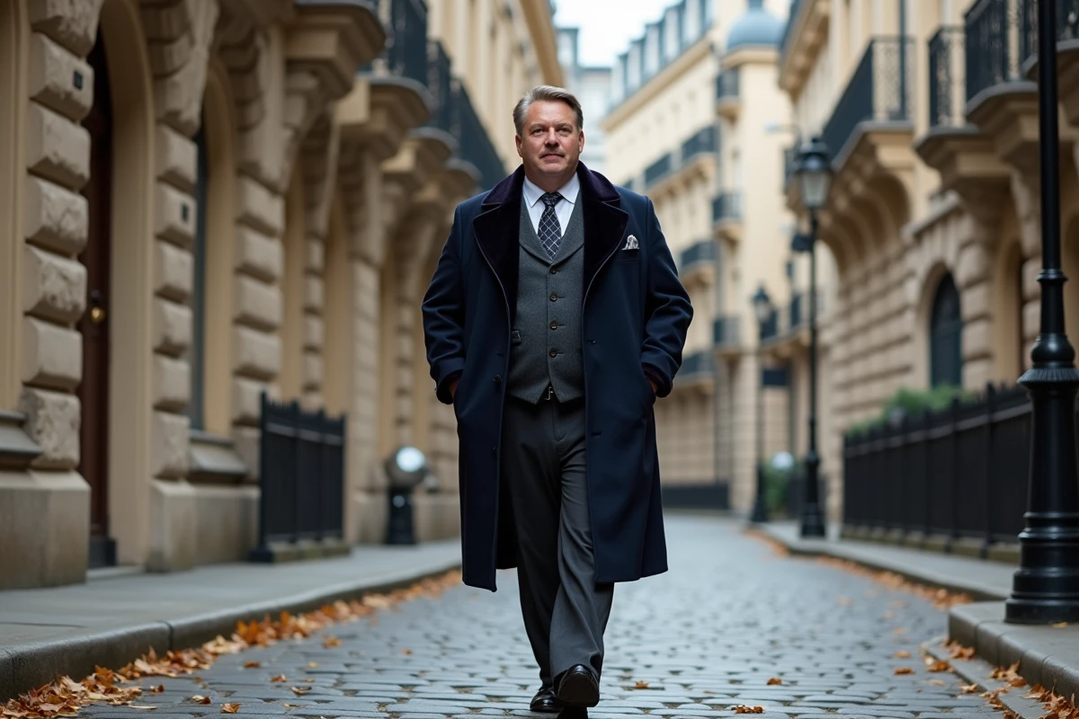 Homme grande taille en manteau style années 30 marchant dans une rue pavée Art Déco en automne