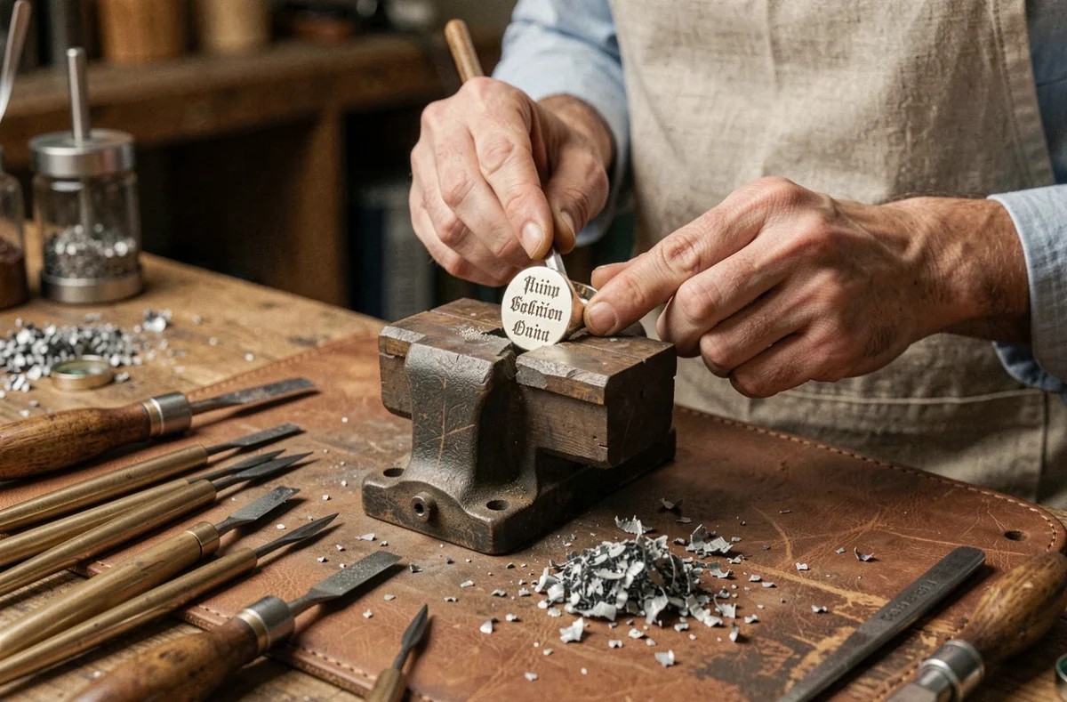 Atelier de gravure avec chevalière en or blanc dans un étau de graveur, outils de bijoutier et inscription en cours