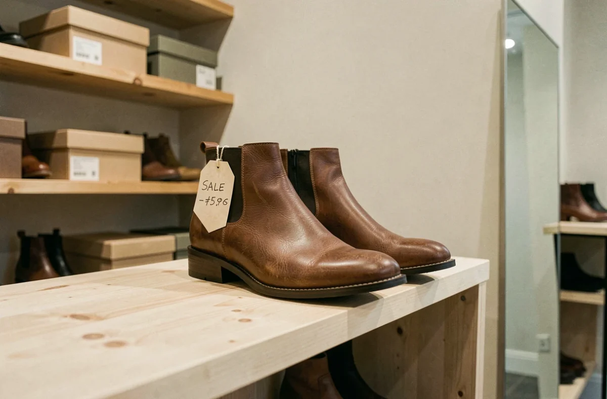Bottines en cuir avec étiquette de réduction sur une étagère en bois lors des derniers jours des soldes dans une boutique de chaussures