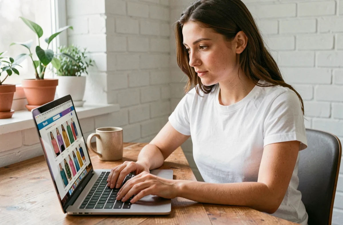 Jeune femme parcourant une boutique en ligne de t-shirts sur son ordinateur portable dans un bureau à domicile moderne
