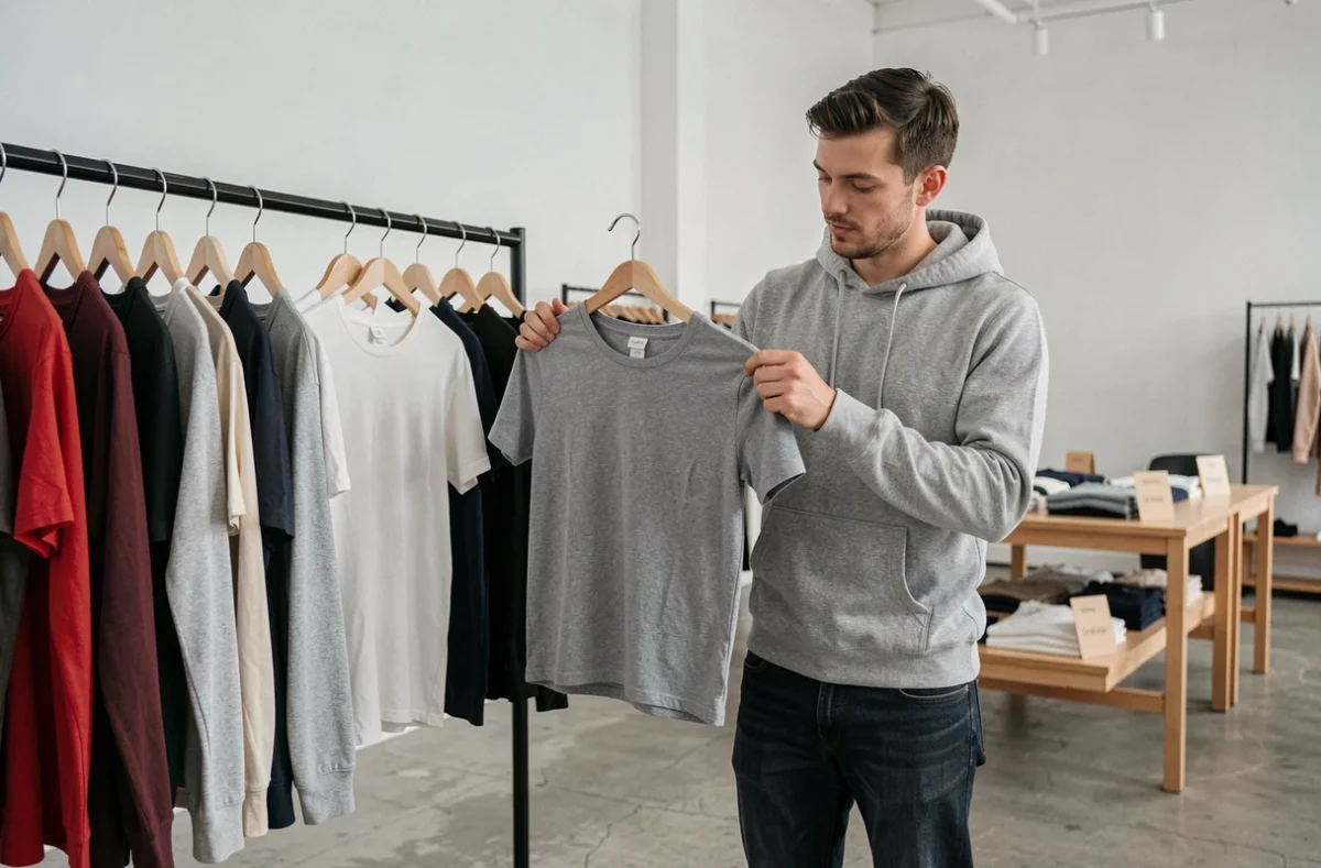 Homme comparant deux t-shirts dans une boutique de vêtements minimaliste avec présentoir et tables en bois