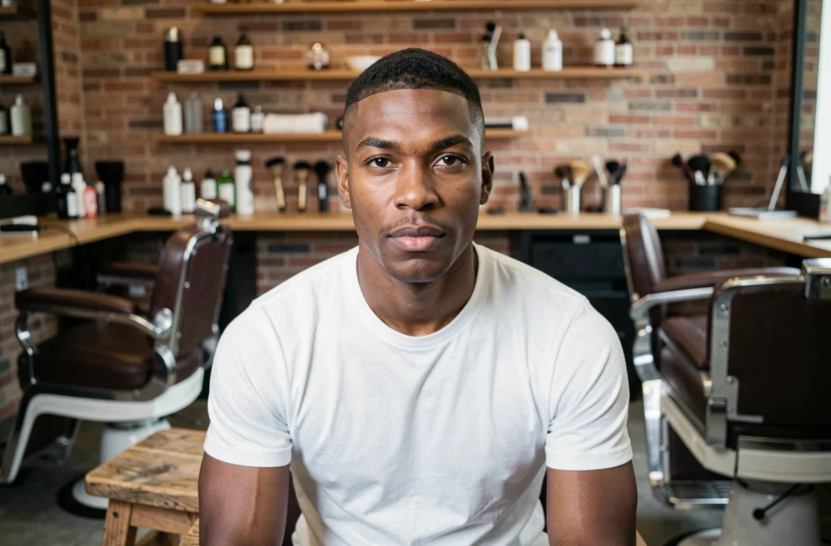 Homme en coupe casquette assis dans un barbershop moderne, mise en valeur de la coupe tendance masculine 2026