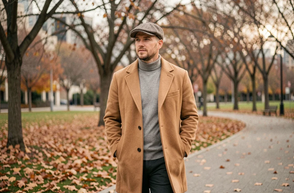 Homme portant une coupe casquette en promenade dans un parc urbain en automne, tendance mode masculine 2026