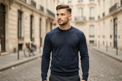 Homme trendy avec une coupe casquette dans une rue parisienne pavée, style éditorial 2026
