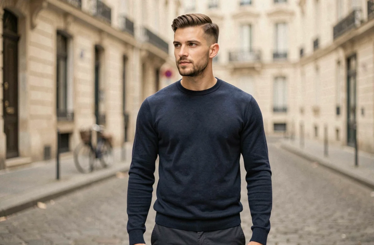 Homme trendy avec une coupe casquette dans une rue parisienne pavée, style éditorial 2026