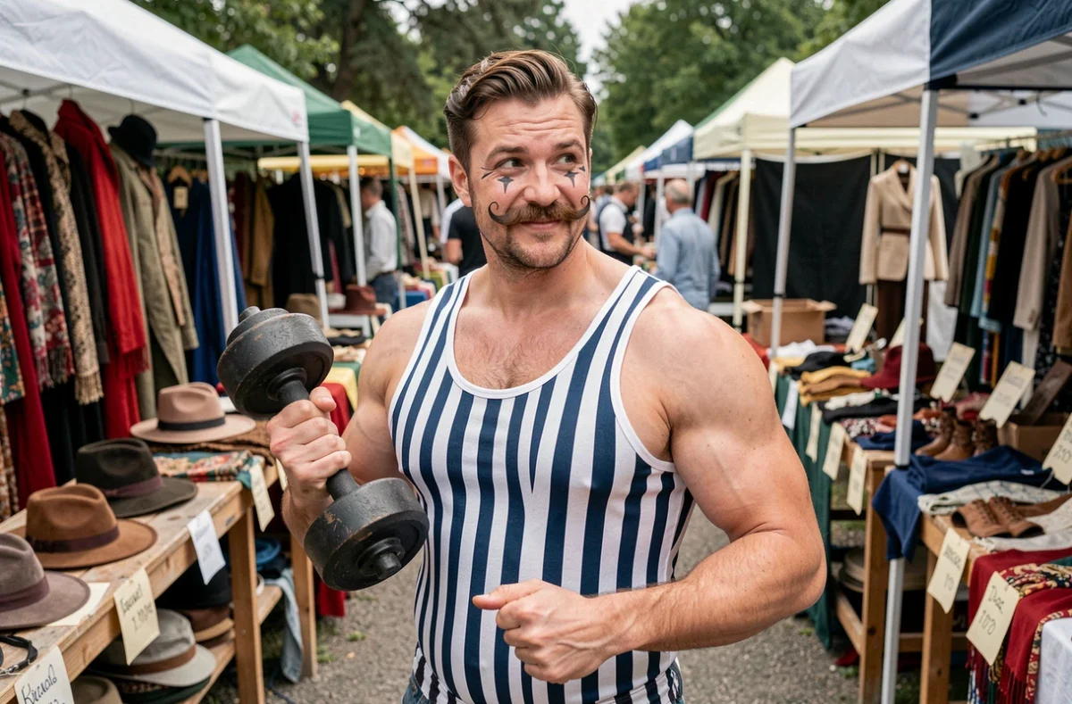 Homme déguisé en homme fort de cirque vintage au marché aux puces avec des costumes d'occasion à petits prix