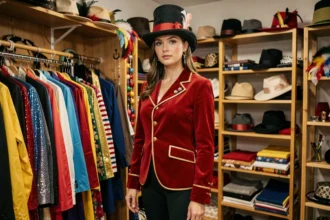 Jeune femme déguisée en maîtresse de piste de cirque avec veste rouge et haut-de-forme dans une boutique de costumes