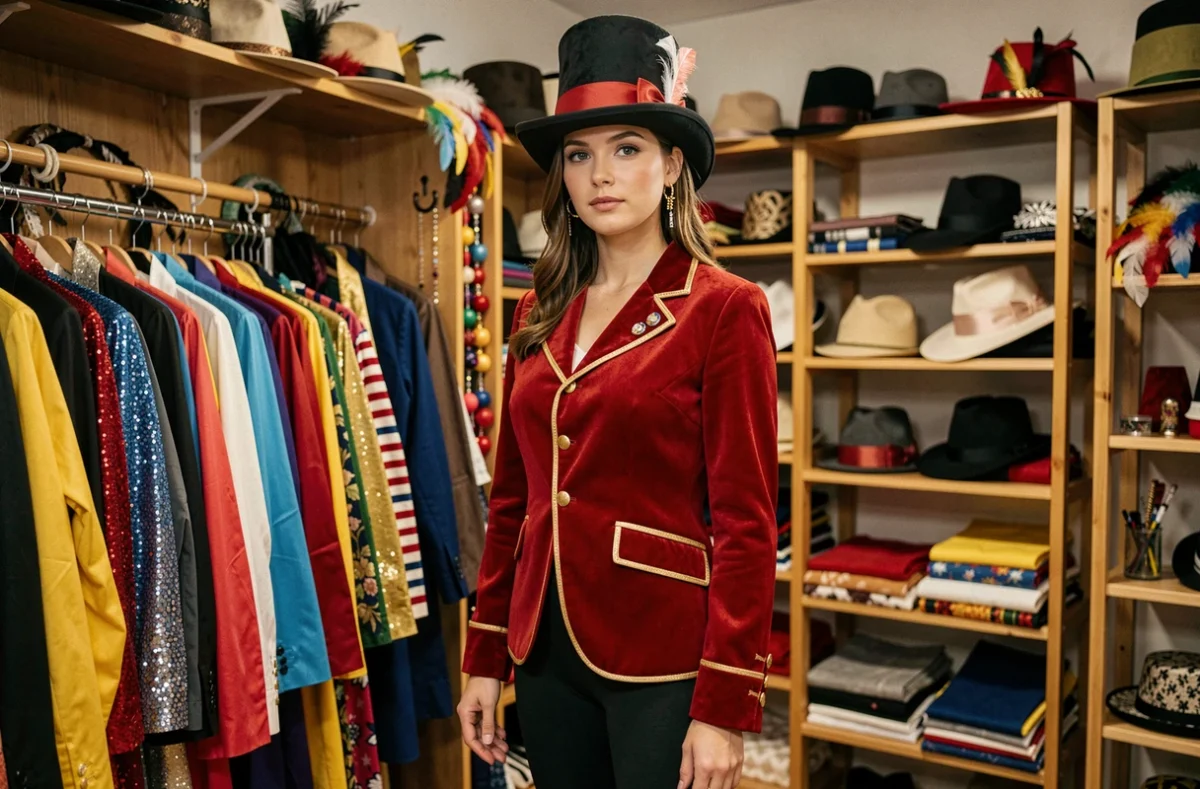 Jeune femme déguisée en maîtresse de piste de cirque avec veste rouge et haut-de-forme dans une boutique de costumes