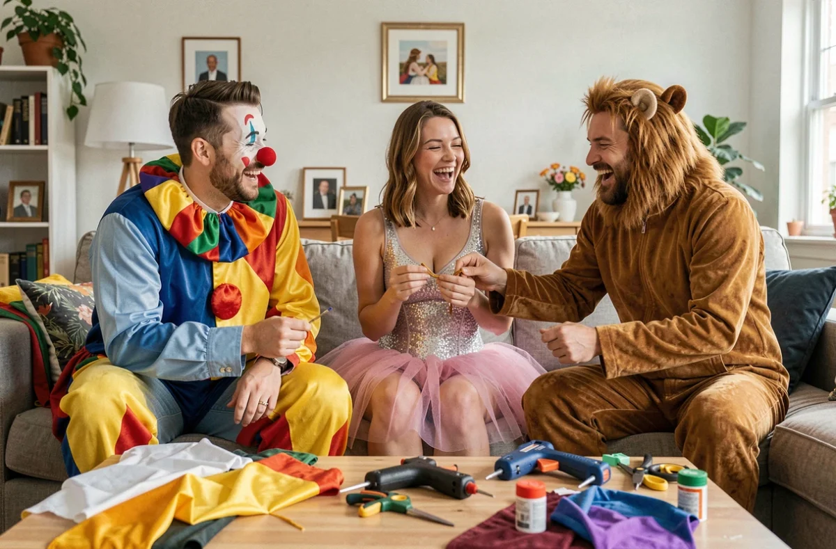 Groupe d'adultes comparant des déguisements de cirque faits maison dans un salon lors d'une session DIY