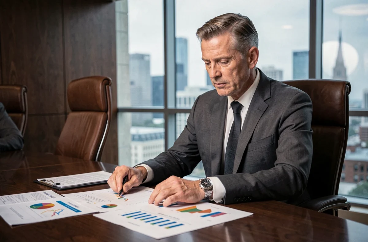 Dirigeant d'entreprise analysant des rapports financiers d'un groupe horloger de luxe en salle de réunion