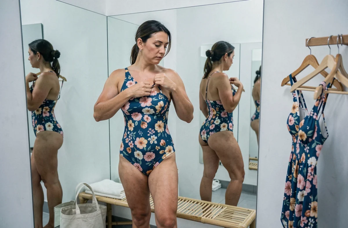 Femme essayant un maillot de bain fleuri dans une cabine d'essayage, astuces pour bien choisir son maillot de bain selon sa morphologie