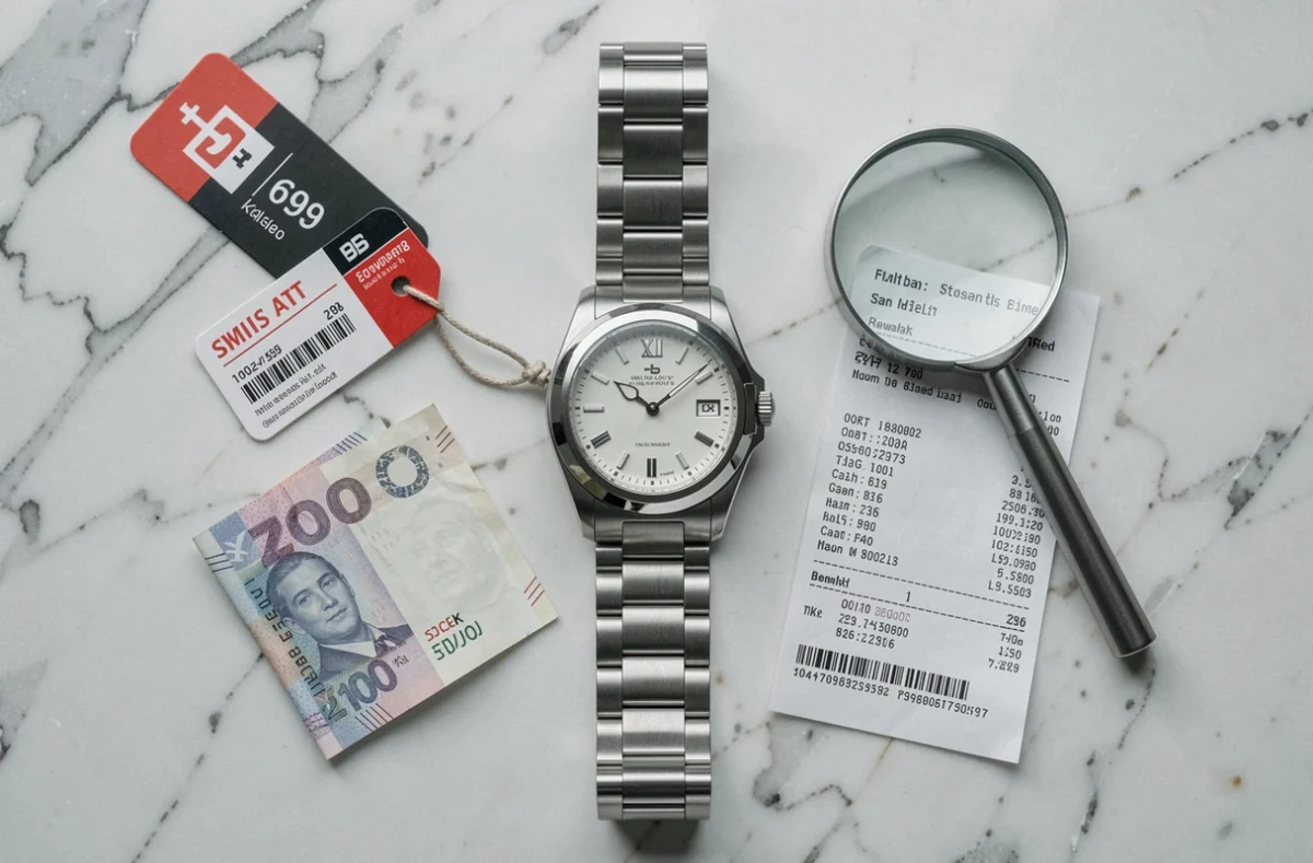 Vue aérienne d'une montre Rolex avec prix en francs suisses et documents d'achat illustrant les erreurs de prix fréquentes