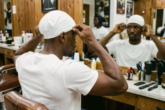 Jeune homme ajustant son durag blanc dans un salon de coiffure afro-américain pour entretenir ses waves 360