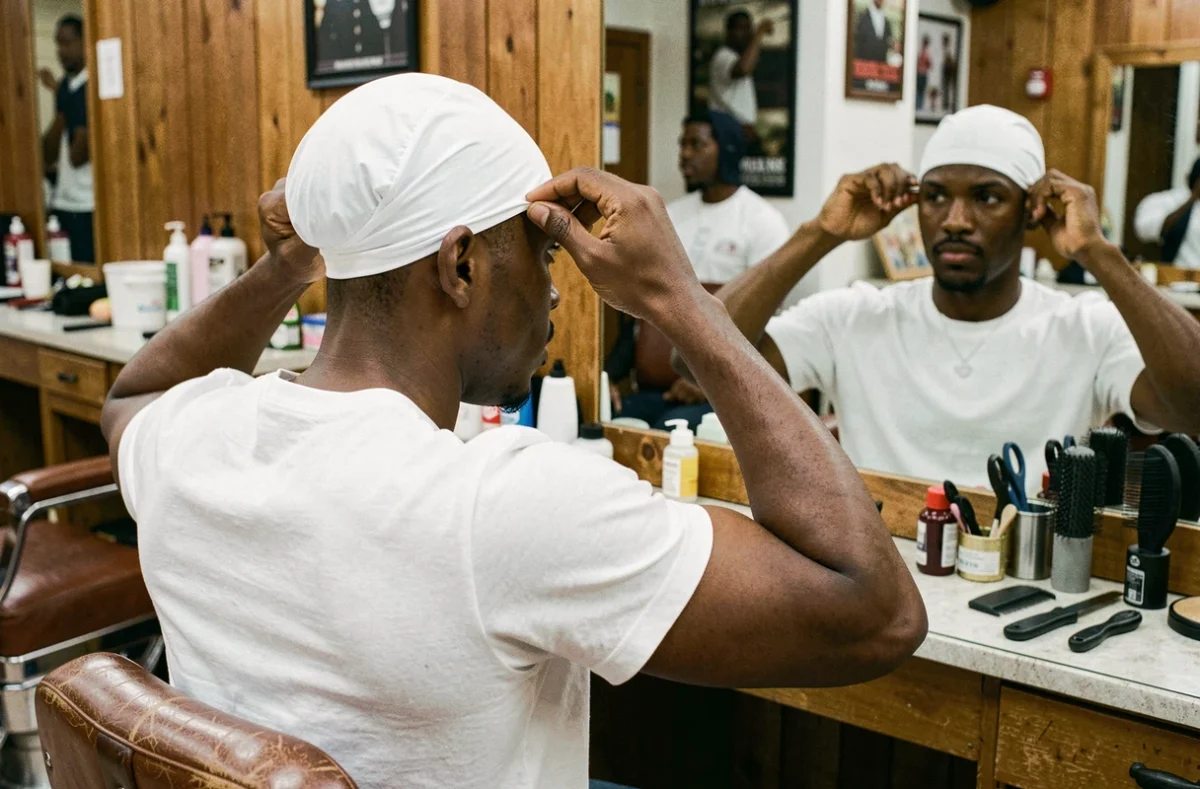 Jeune homme ajustant son durag blanc dans un salon de coiffure afro-américain pour entretenir ses waves 360