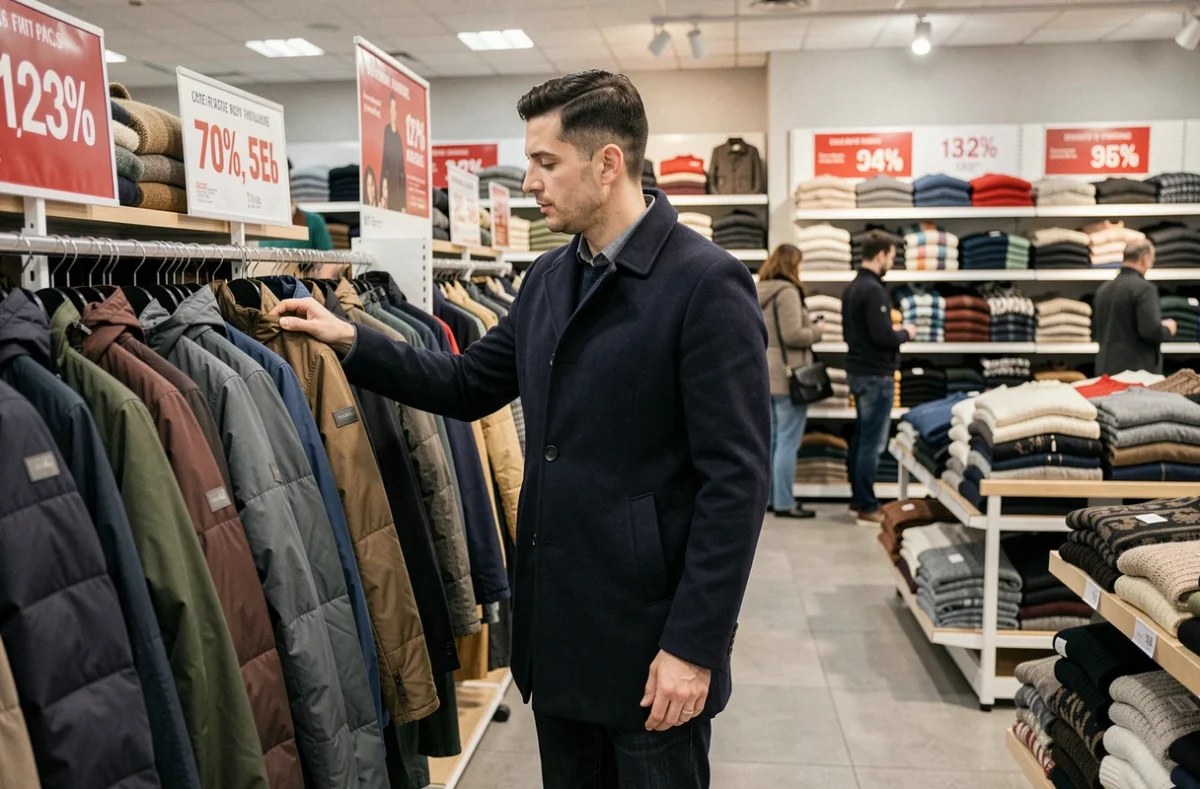 Homme parcourant les portants de vestes en promotion lors des soldes d'hiver dans un grand magasin