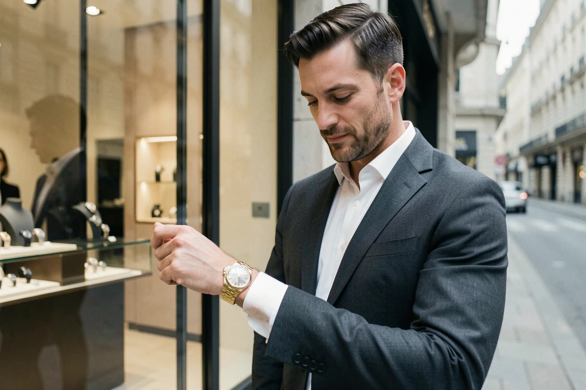 Homme en costume portant une Rolex Datejust 36 bicolore Rolesor devant une boutique de montres de luxe