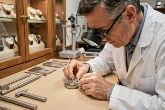 Horloger expert examinant un mouvement de montre mécanique de luxe dans un atelier suisse traditionnel