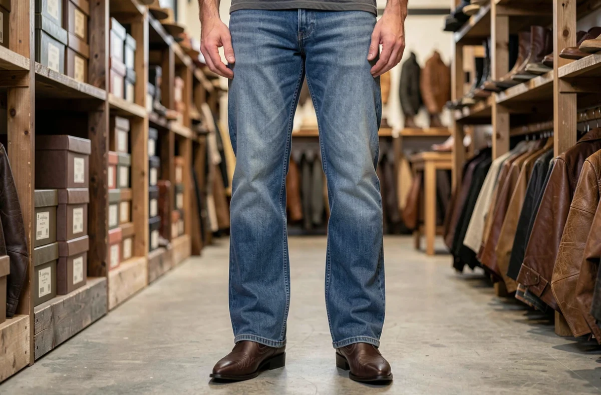 Homme en jean bootcut stonewash bleu porté sur des bottes cowboy chocolat à bout pointu, dans l'allée d'une boutique Western authentique.