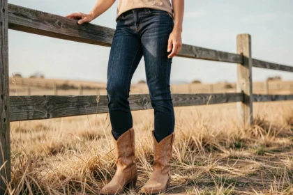 Femme portant un jean slim indigo rentré dans des bottes cowboy en cuir tan avec broderies florales, posant près d'une clôture en bois dans un décor de ranch.