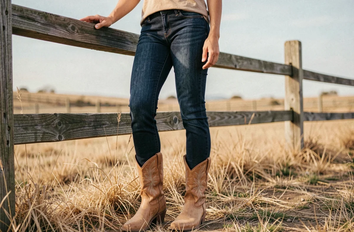 Femme portant un jean slim indigo rentré dans des bottes cowboy en cuir tan avec broderies florales, posant près d'une clôture en bois dans un décor de ranch.