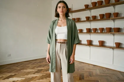 Femme portant un kimono court vert fin accessoirisé d'une ceinture en cuir et de boucles d'oreilles dorées dans un appartement parisien minimaliste