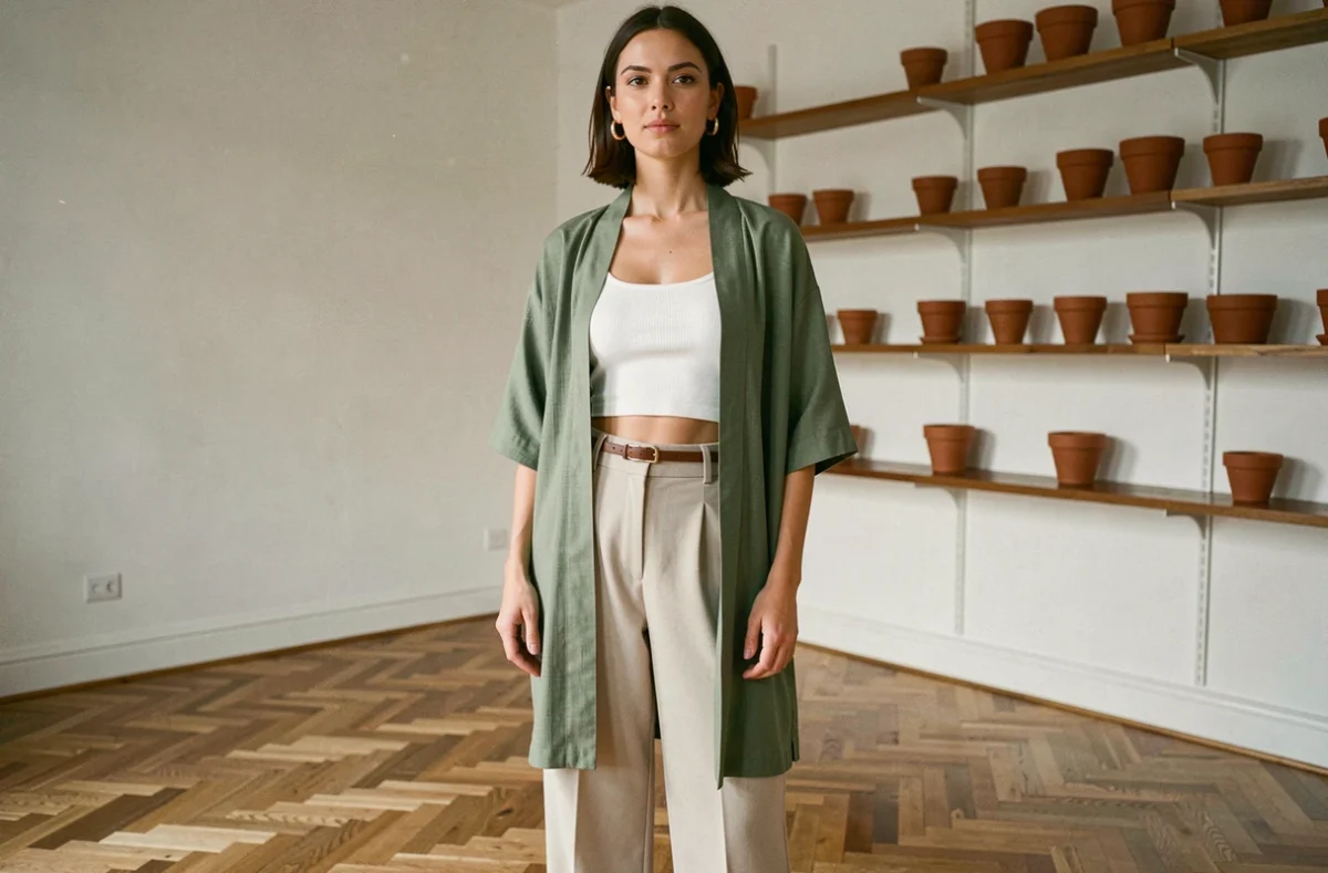 Femme portant un kimono court vert fin accessoirisé d'une ceinture en cuir et de boucles d'oreilles dorées dans un appartement parisien minimaliste