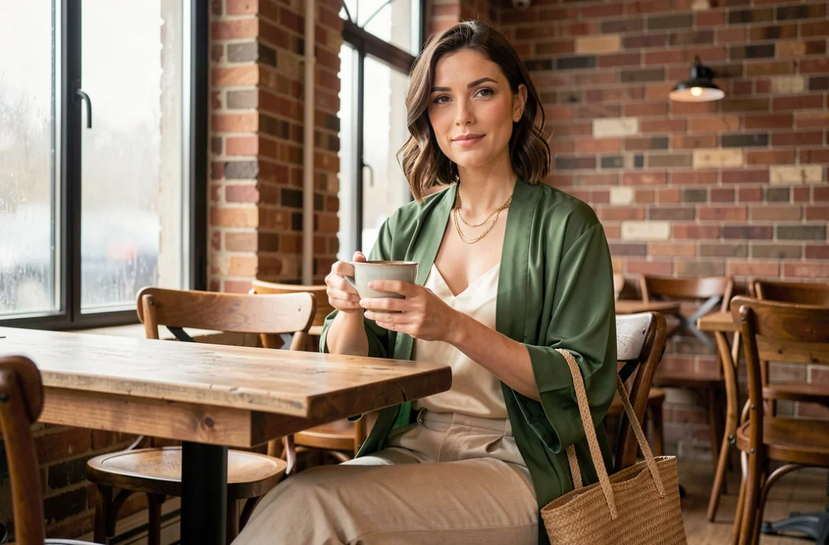 Femme assise en kimono vert fin et camisole ivoire avec collier doré et tote bag en raphia dans un café vintage