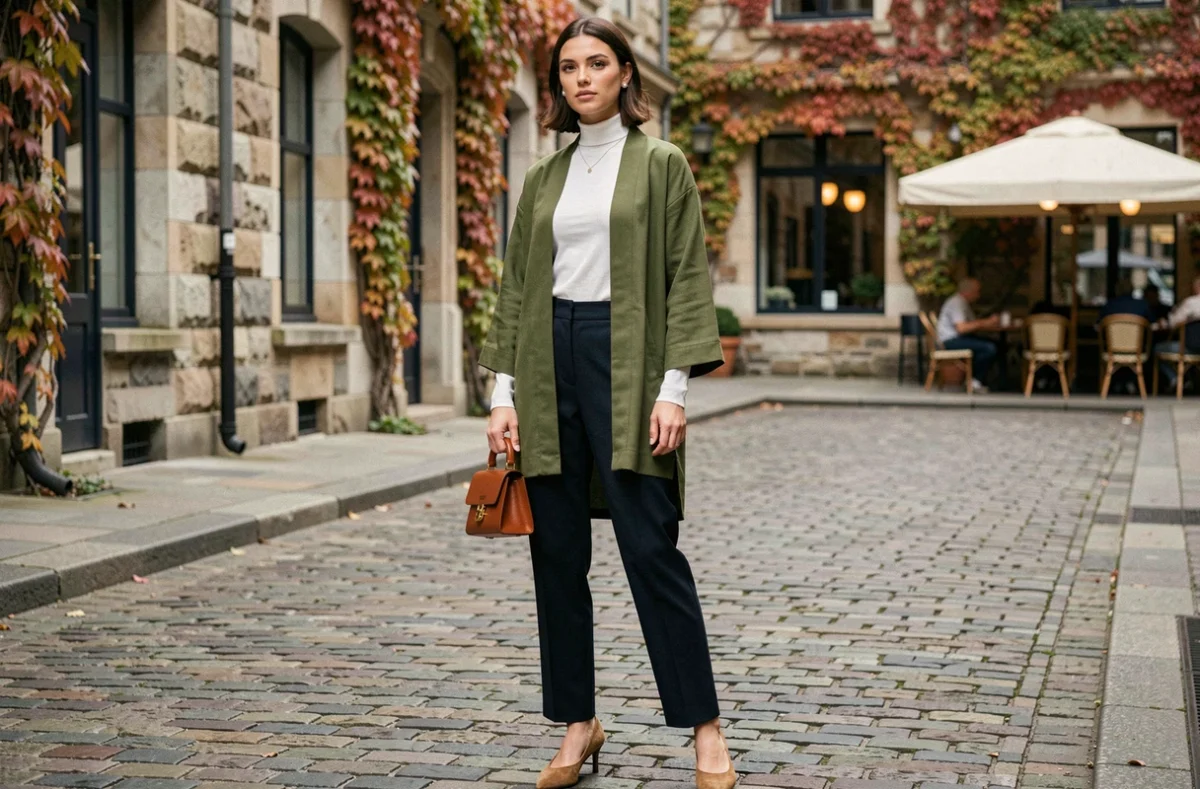 Femme en kimono court vert accessoirisé d'un sac en cuir cognac et de mules en daim dans une rue pavée en automne