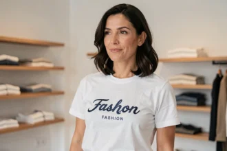 Femme portant un t-shirt blanc avec logo de marque de vêtements brodé dans une boutique moderne minimaliste