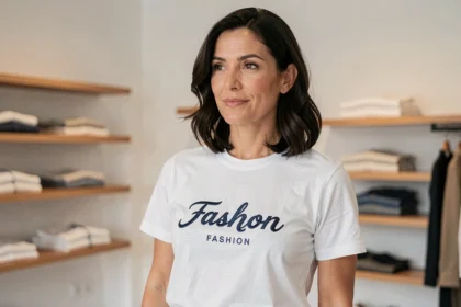 Femme portant un t-shirt blanc avec logo de marque de vêtements brodé dans une boutique moderne minimaliste
