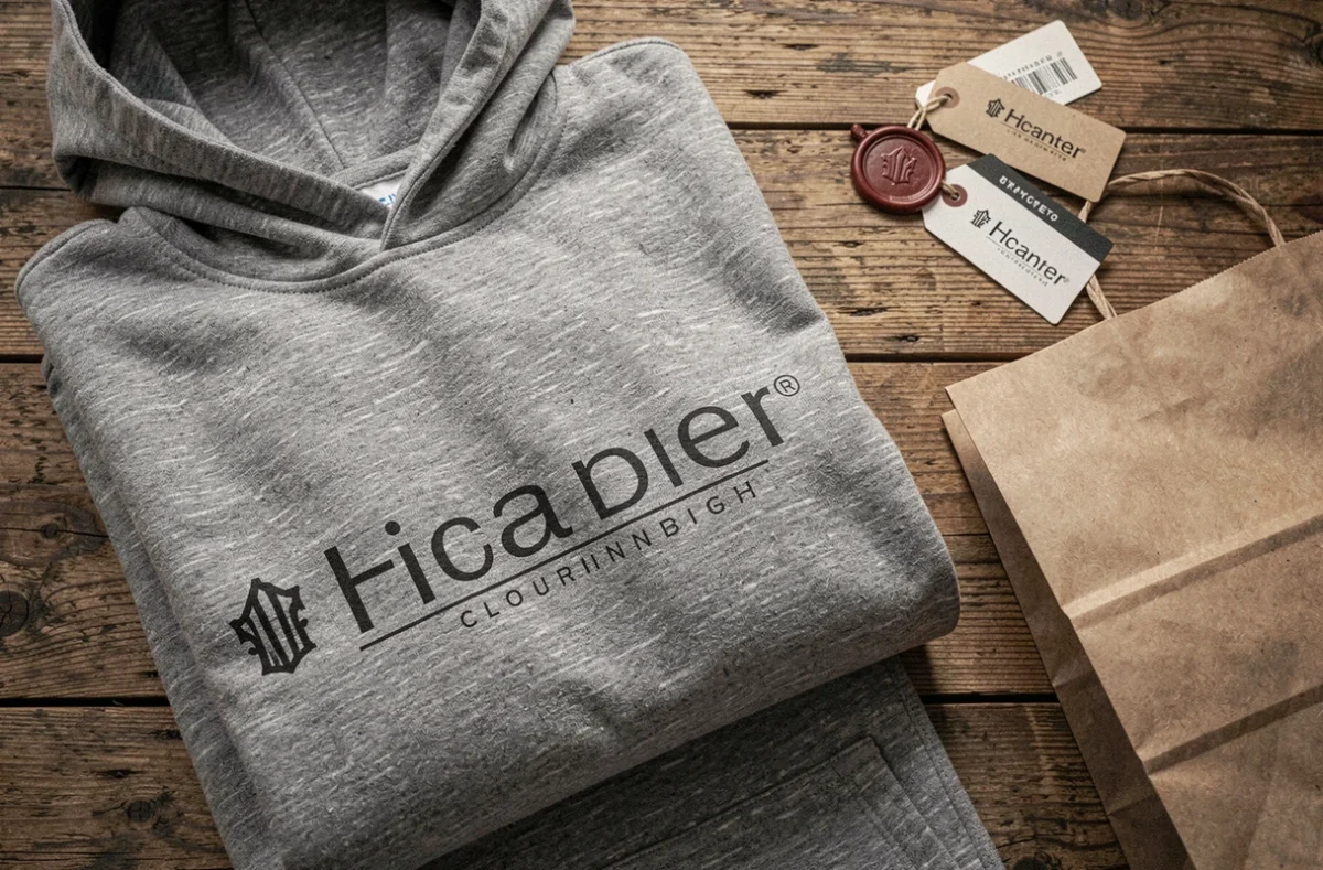 Flat-lay d'un hoodie gris avec logo de marque de vêtements imprimé entouré d'accessoires de packaging sur table en bois