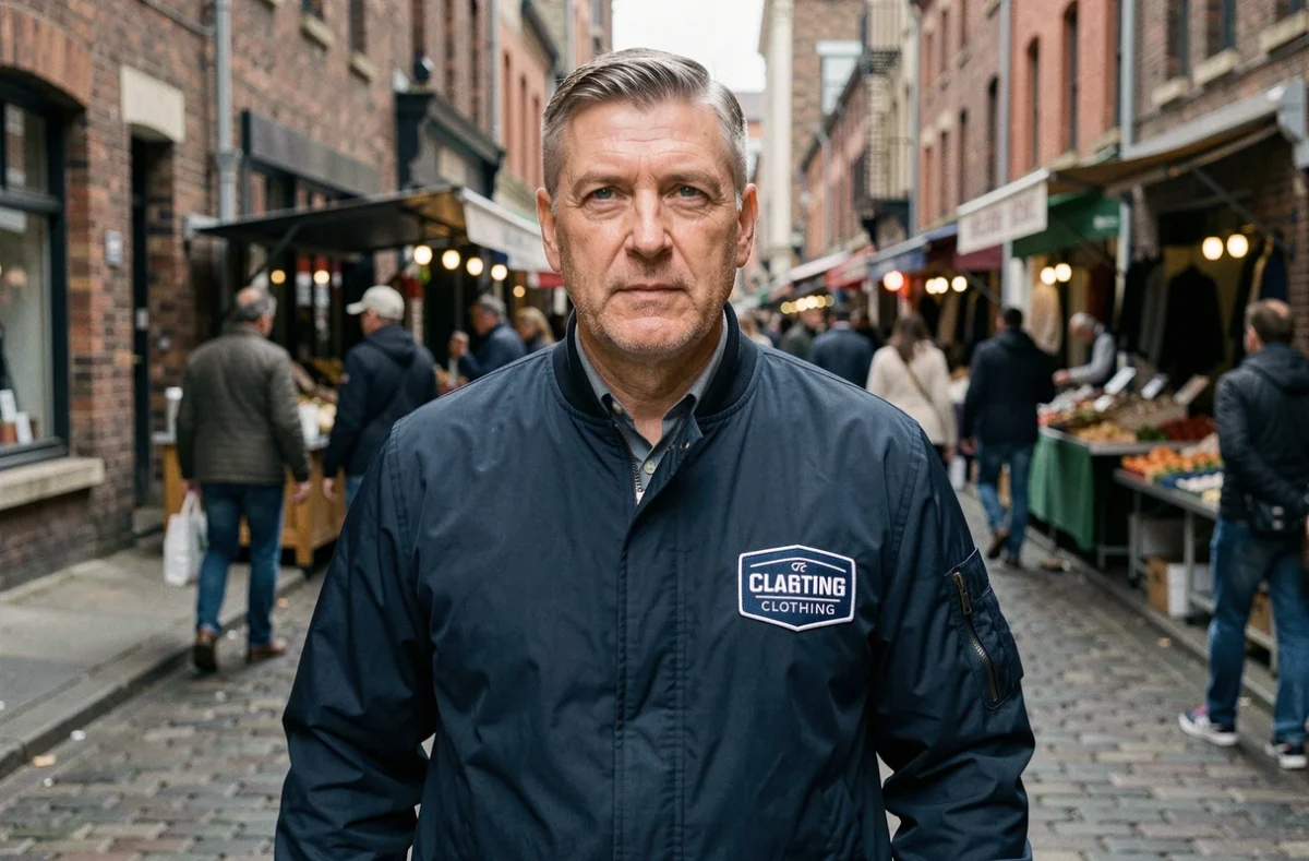 Homme en blouson navy avec patch logo de marque de vêtements dans un marché urbain en plein air
